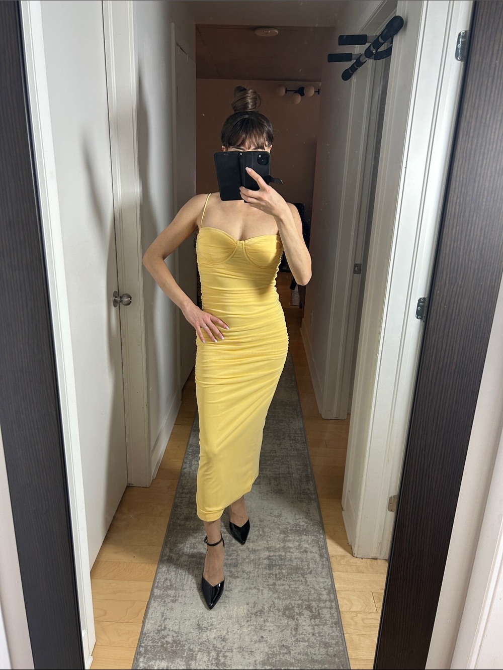 Dynamite Mona Ruched Mesh Maxi Dress Yellow | Size Small